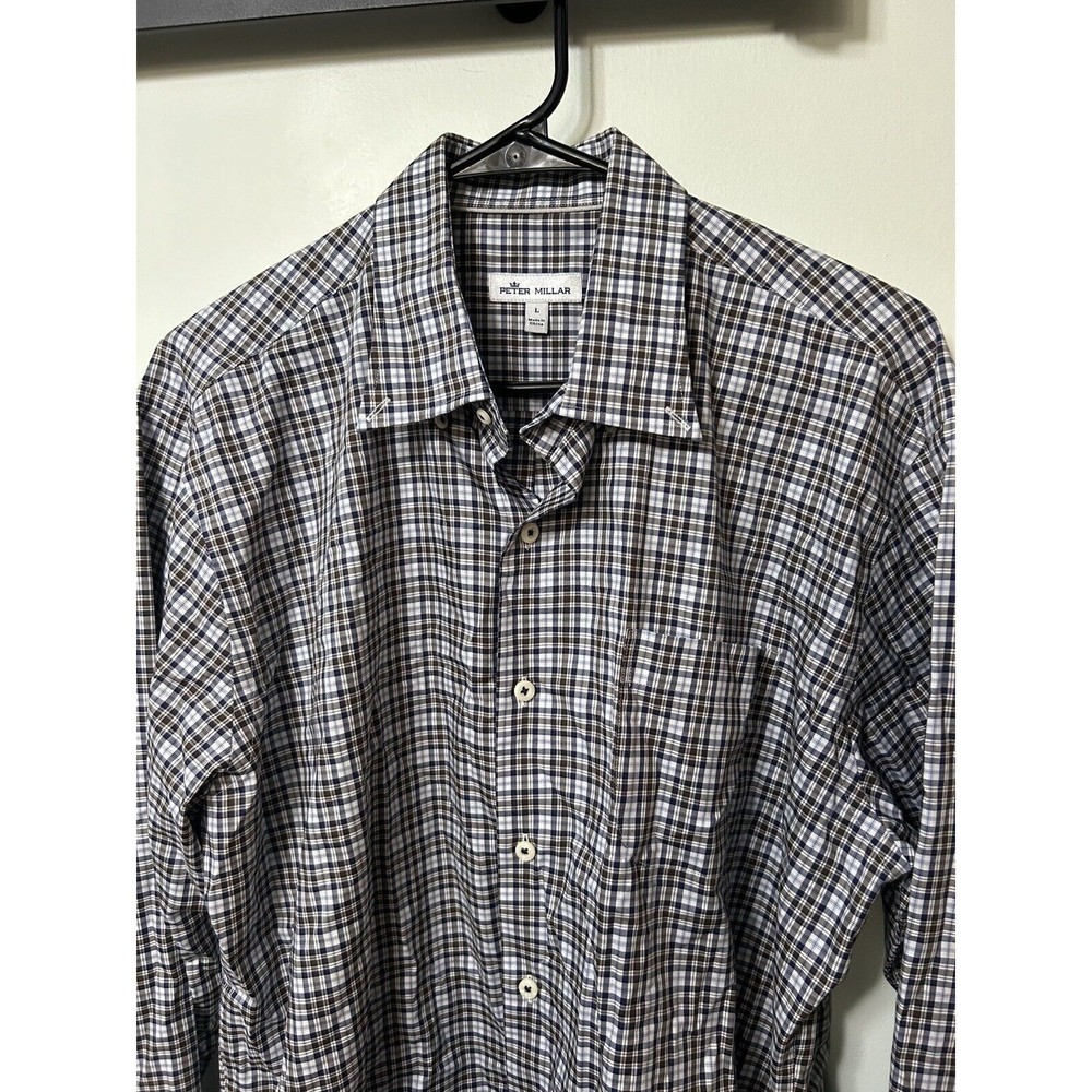 Peter Millar Shirt Men Large Blue Plaid Cotton Stretch Casual Button Down